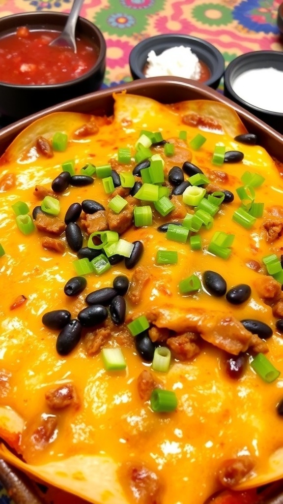 A hearty Sonora casserole with layers of tortillas, meat, beans, and cheese, garnished with green onions, served in a baking dish.